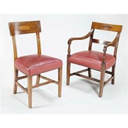Seven harlequin late 19th century mahogany and boxwood  strung dining chairs, each with a veneere...