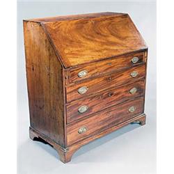 A George III mahogany bureau, the fall enclosing interior fittings above four long graduated draw...