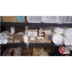 UNUSED COFFEE CUPS, COFFE CUP SLEEVES, LIDS, PLASTIC CUPS, 3/4 FULL BOX OF SURGAR PACKAGES, STYROFOA