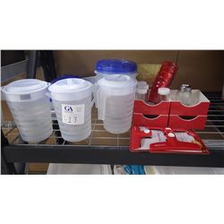 3 PLASTIC WATER JUGS, 4 RED DISHES, BASKETS, ROUND AND SQUARE CONTAINERS, AND LIDS, 3 BAG CLIPS, ONE