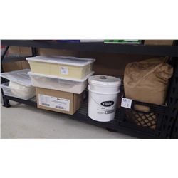 3/4 BAG OF 9 ANCIENT 9 GRAIN FLOUR, PARTIAL PAIL OF CARAMEL FILLING, PARTIAL PAIL OF BLACKSTRAP MOLA