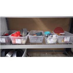 5 PLASTIC BINS OF FLIPPERS, SCOOPS, TONGS, SPATULAS, MEASURING CUPS, COOKIE CUTTERS, BRUSH, ETC AS S