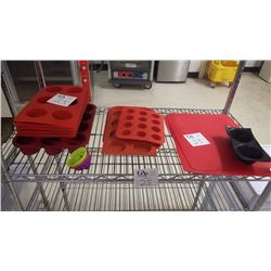 APPROX 11 MISC SIZED SILICONE CUPCAKE PANS, APPROX 8 RECTANGLE SILICON PADS, AND 4 SMALL MISC MOULDS