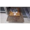 Image 1 : SLAB OF GRANITE, ROUND PIECE OF MARBLE, ONE WOODEN CUTTING BOARD, AND ONE PLASTIC CUTTING BOARD.