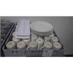 BIN OF APPROX 6 PLATES, 2 ICE CUBE TRAYS, AND APPROX 30 COFFEE MUGS