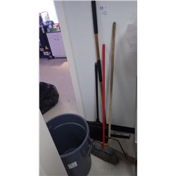 GARBAGE PAIL, PUSH BROOM, BROOM, FLOOR SQUEEGIE, AND DUST PAN