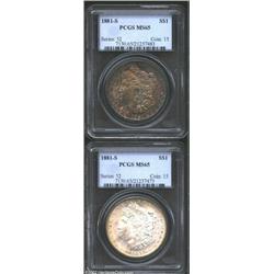 1881-S S$1 MS65 PCGS, dense aqua, navy-blue, and lavender patina; and an 1881-S MS65 PCGS, the rever