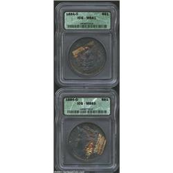 1884-O S$1 MS61 ICG, the reverse has deep sea-green, aqua, and violet patina, a brilliant if scuffy.