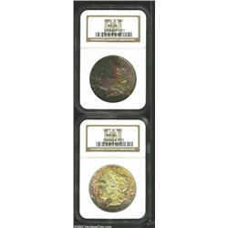 1884-O S$1 MS64 NGC, dense swirls of violet, aqua, and gold patina, well struck and attractive; and.