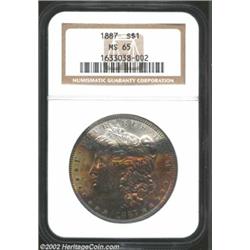 1887 S$1 MS65 NGC. Well defined with violet, gold, reddish-gold, steel-gray, and steel-blue obverse.