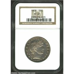 1908 50C PR61 NGC. Fully mirrored, lightly hairlined, fields with gold, russet, and cobalt-blue pati