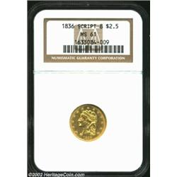 1836 $2 1/2 Script 8 MS61 NGC. Breen-6143, Head of 1835, McCloskey-D, R.2. The eagle's neck, wings,.