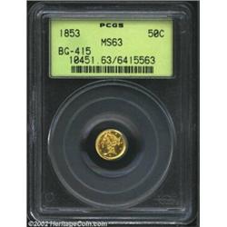 1853 50C Liberty Round 50 Cents, BG-415, R.6, MS63 PCGS. Large bust and date, with faint die clash m