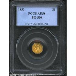 1853 $1 Liberty Octagonal 1 Dollar, BG-530, R.4, AU58 PCGS. Similar to BG-531, but with a different.