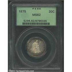 1875 20C MS62 PCGS. The borders are richly speckled in champagne-rose, lime-green, and golden-brown.