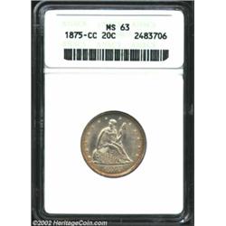 1875-CC 20C MS63 ANACS. The obverse periphery has bright orange-gold patina, while the centers of ea