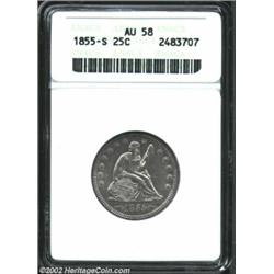 1855-S 25C Arrows AU58 ANACS. Light pearl-gray patina. A well struck example that has ample bright l