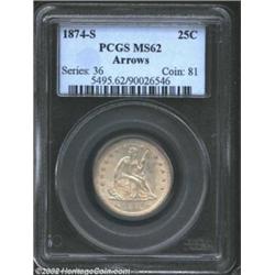 1874-S 25C Arrows MS62 PCGS. Some light, milky toning serves to quiet the satiny luster on both side