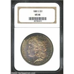 1880-S S$1 MS66 NGC. Dappled golden obverse toning yields to a deeper crescent along the right perip