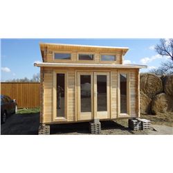 LANGEOOG  EZ LOG STRUCTURE RETAIL VALUE 9600.00 13'4 X 13'4 179 SQ FT TWO TIERED RAISED ROOF WITH WI