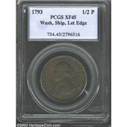 1793 Ship Halfpenny, Copper, Lettered Edge XF45 PCGS. Baker-18, R.3. This popular Colonial combin...