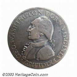 1789 Washington Born Virginia Cent Fine 15 Uncertified. Baker-60. This variant has dentilated rim...