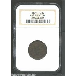 1809 1/2 C MS62 Brown NGC. B-6, C-6, R.1. Manley Die State 5.0. Medium to darker brown surfaces a...