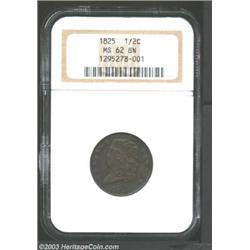 1825 1/2 C MS62 Brown NGC. B-2, C-2, R.1. Manley Die State 2.0. Sharply struck with deep brown pa...