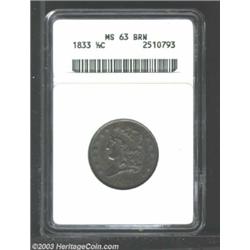 1833 1/2 C MS63 Brown ANACS. B-1, C-1, R.1. Manley Die State 1.0. Very sharply struck throughout...