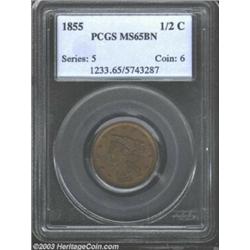 1855 1/2 C MS65 Brown PCGS. B-1, C-1, R.1. Medium brown patina and well struck throughout with no...