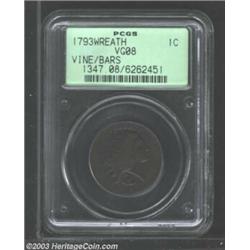 1793 1C Wreath Cent--Vine and Bars--VG8 PCGS....