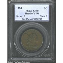 1794 1C Head of 1794 XF40 PCGS. S-22, R.1. An attractive example of the 'Mounded Reverse.' Appare...