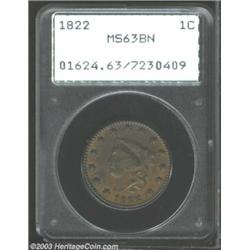 1822 1C MS63 Brown PCGS. N-5, R.3. The L in LIBERTY is recut at the base. Chocolate-brown color a...