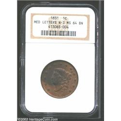 1831 1C Medium Letters MS64 Brown NGC. N-3, R.1. The I in LIBERTY is recut at the peak. While cho...