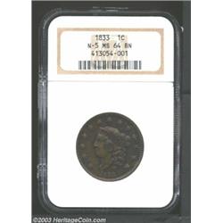 1833 1C MS64 Brown NGC. N-5, R.1. Both sides have lengthy peripheral die cracks, as made. Iridesc...