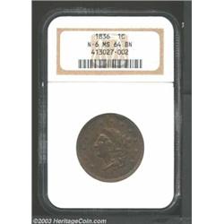 1836 1C MS64 Brown NGC. N-6, Low R.2. A die break near 12 o'clock threatens to consume the eighth...