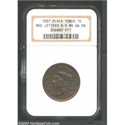 1837 1C Medium Letters MS66 Brown NGC. N-7, R.1. A spindly die crack on the upper reverse from 11...