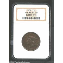 1838 1C MS64 Brown NGC. N-8, R.1. The second S in STATES is balanced above the leaf tip below. A...