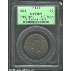1839 1C Type of 1840 MS64 Brown PCGS. N-8, R.1. Shimmering chocolate-brown patina endows this wel...