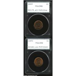 1889 1C MS63 Red and Brown PCGS, streaky tan-brown patina, the base of the 1 in the date appears...