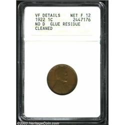 1922 No D 1C Strong Reverse--Glue Residue, Cleaned--ANACS. VF Details, Net Fine 12....