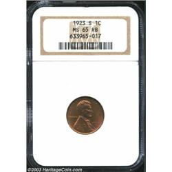 1923-S 1C MS65 Red and Brown NGC. Typically struck for this very difficult mintmarked Lincoln Cen...