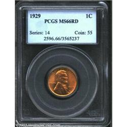 1929 1C MS66 Red PCGS. Brilliant fiery-red color overall with subtle hints of mint-green on the r...