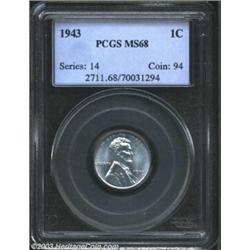 1943 1C MS68 PCGS. With fully brilliant luster and flash, this specimen stands in elite company a...