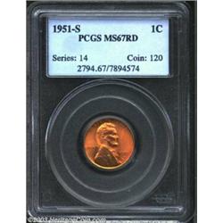 1951-S 1C MS67 Red PCGS. Rich deep red color, a bold strike, and unsurpassable quality. Populatio...