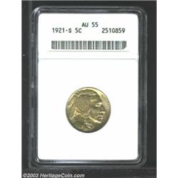 1921-S 5C AU55 ANACS. Medium golden-gray surfaces with the sharpness collectors look for in a '21...