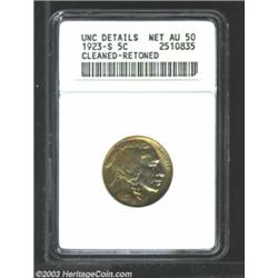 1923-S 5C --Cleaned, Retoned--ANACS. Unc Details, Net AU50. Outrageous ruby-red, powder-blue, and...
