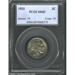 1925 5C MS65 PCGS. Well struck with a satiny sheen under a light coating of pastel-golden color.<...
