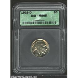 1928-D 5C MS65 ICG. Unusually well defined for this often weak D-mint issue. A swath of pale gold...