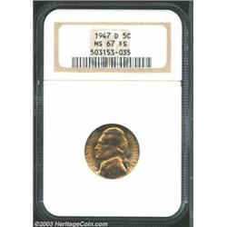 1947-D 5C MS67 Full Steps NGC. Fully struck throughout, with gleaming, virtually pristine surface...